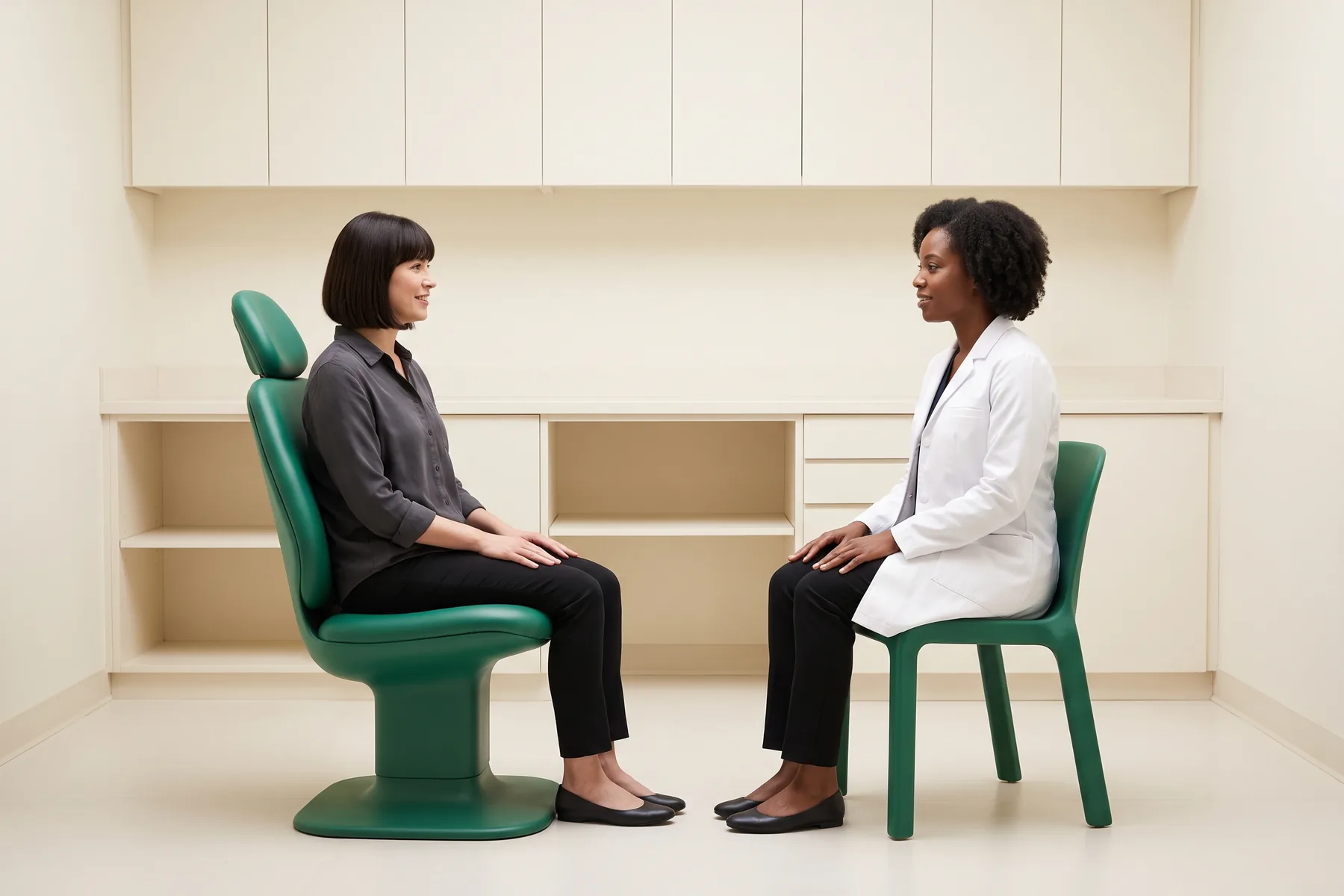 Illustrative dental conversation with a dark-bobbed woman in a charcoal shirt and a curly-haired woman in a white coat seated opposite each other.