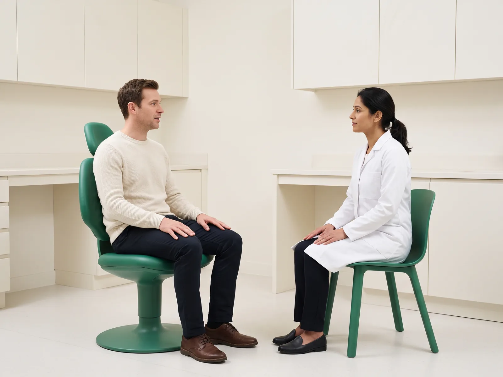 Illustrative dental conversation with a brown-haired man in an ivory sweater and a dark-haired woman in a white coat seated opposite each other.