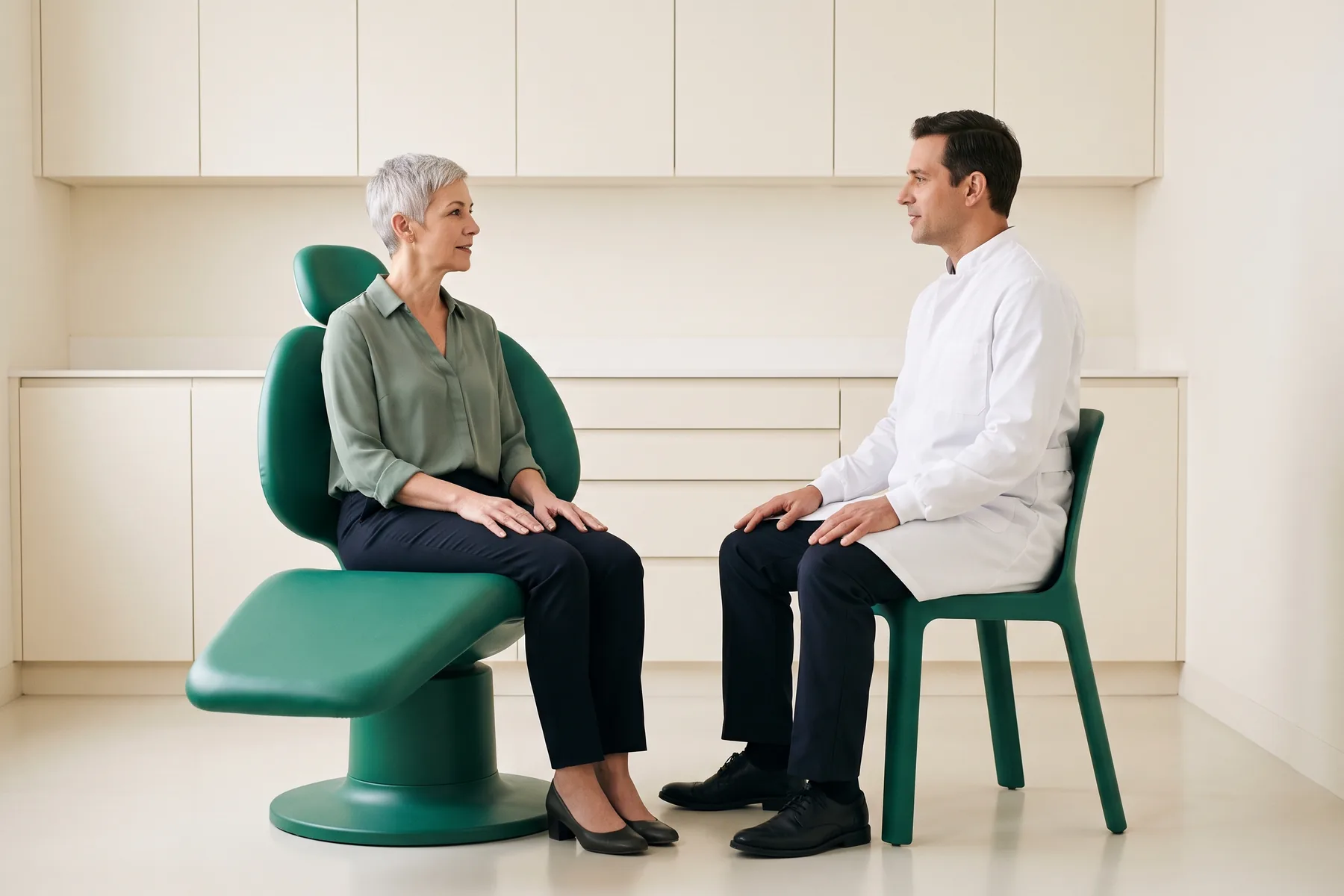 Illustrative dental conversation with a silver-haired woman in a sage blouse and a dark-haired man in a white coat seated opposite each other.