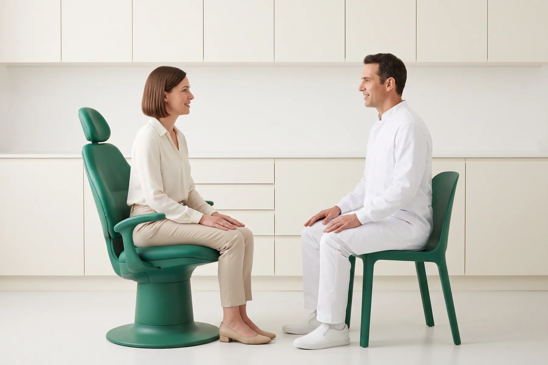 Illustrative dental conversation with a brown-haired woman in an ivory blouse and a short-haired man in a white coat seated opposite each other.