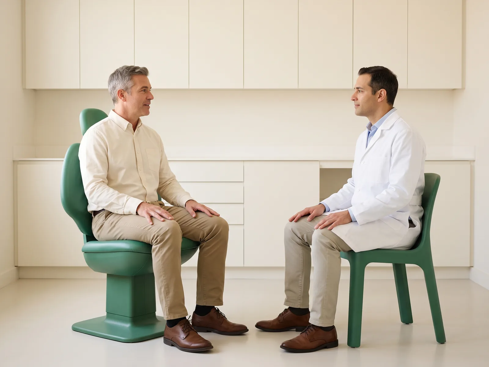 Illustrative dental conversation with a salt-and-pepper-haired man in an ivory shirt and a dark-haired man in a white coat seated opposite each other.