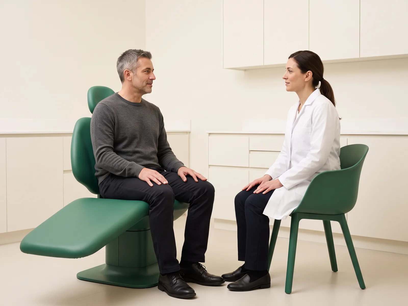 Illustrative dental conversation with a salt-and-pepper-haired man in a charcoal top and a dark-haired woman in a white coat seated opposite each other.