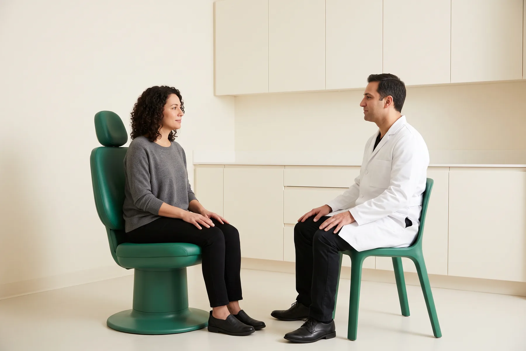 Illustrative dental conversation with a curly-haired woman in a charcoal top and a dark-haired man in a white coat seated opposite each other.