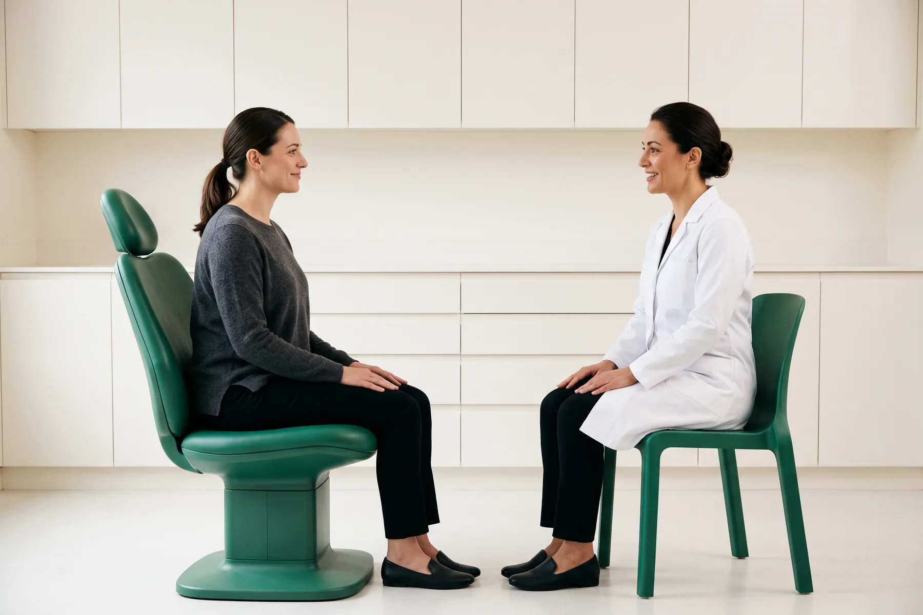 Illustrative dental conversation with a dark-ponytailed woman in a charcoal top and a dark-haired woman in a white coat seated opposite each other.