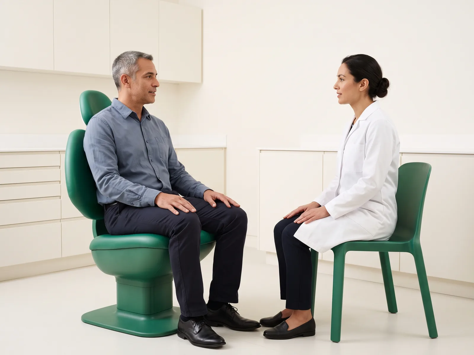 Illustrative dental conversation with a salt-and-pepper-haired man in a slate blue shirt and a dark-haired woman in a white coat seated opposite each other.