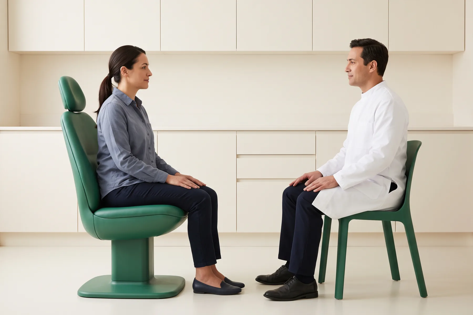Illustrative dental conversation with a dark-ponytailed woman in a slate blue shirt and a dark-haired man in a white coat seated opposite each other.