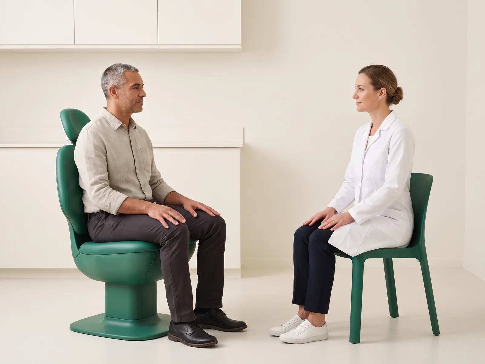 Illustrative dental conversation with a salt-and-pepper-haired man in a stone-colored shirt and a brown-haired woman in a white coat seated opposite each other.