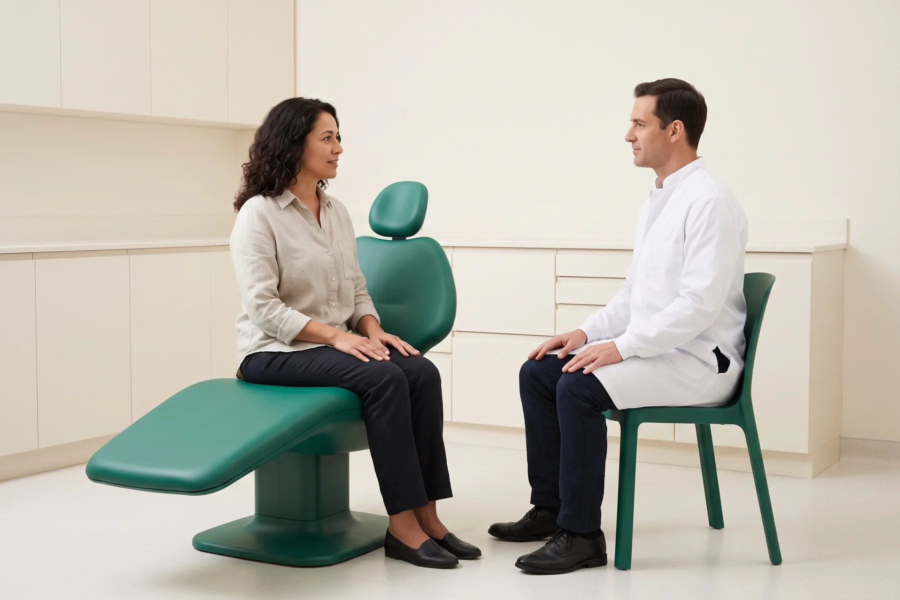 Illustrative dental conversation with a curly-haired woman in a stone-colored shirt and a brown-haired man in a white coat seated opposite each other.