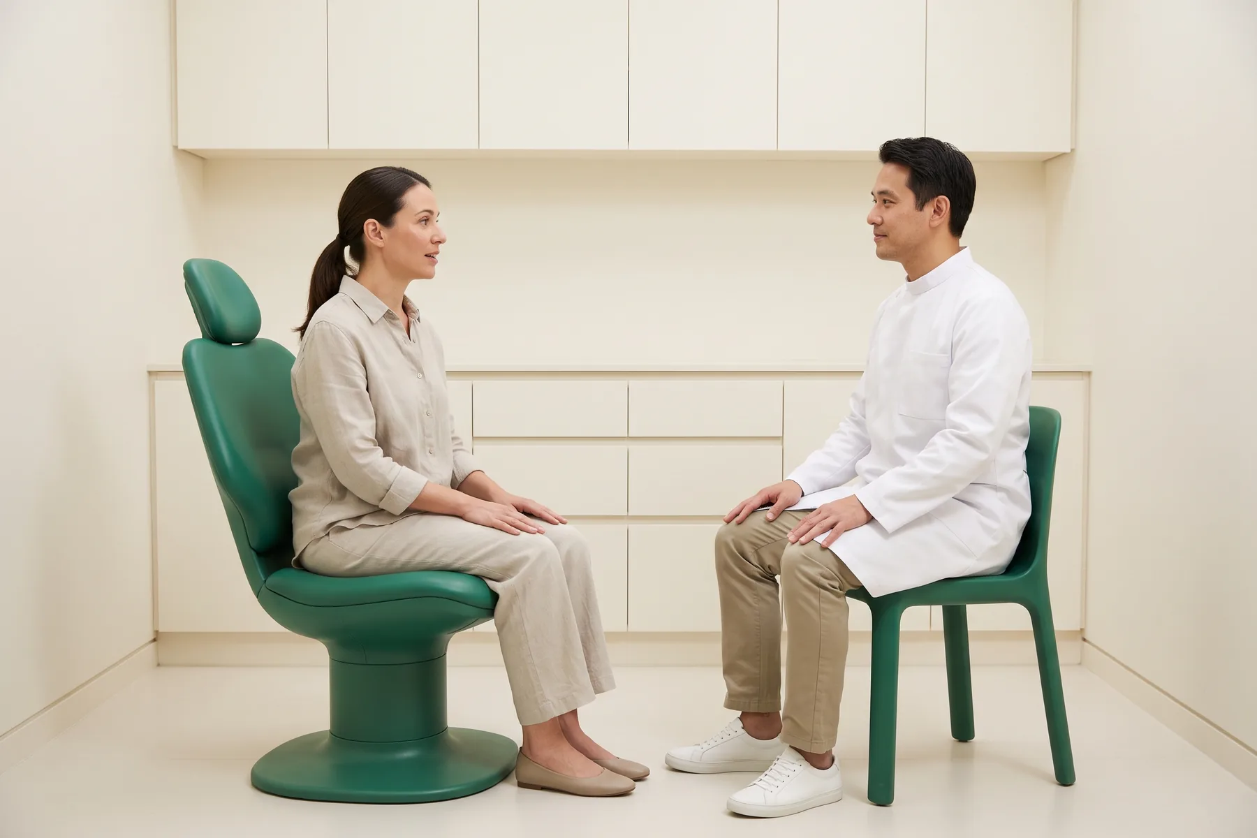 Illustrative dental conversation with a dark-ponytailed woman in a stone-colored shirt and a dark-haired man in a white coat seated opposite each other.