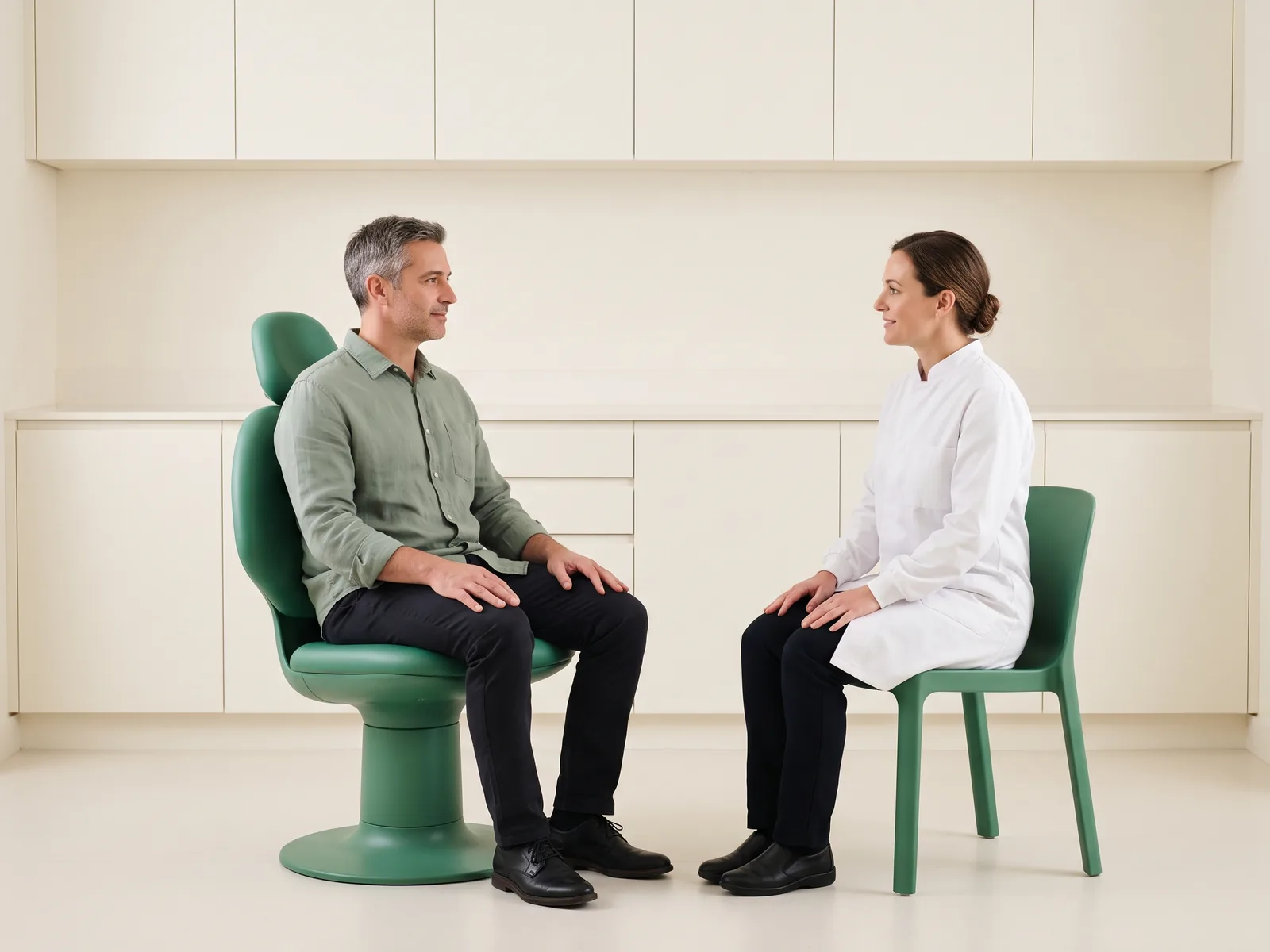 Illustrative dental conversation with a salt-and-pepper-haired man in a sage shirt and a brown-haired woman in a white coat seated opposite each other.
