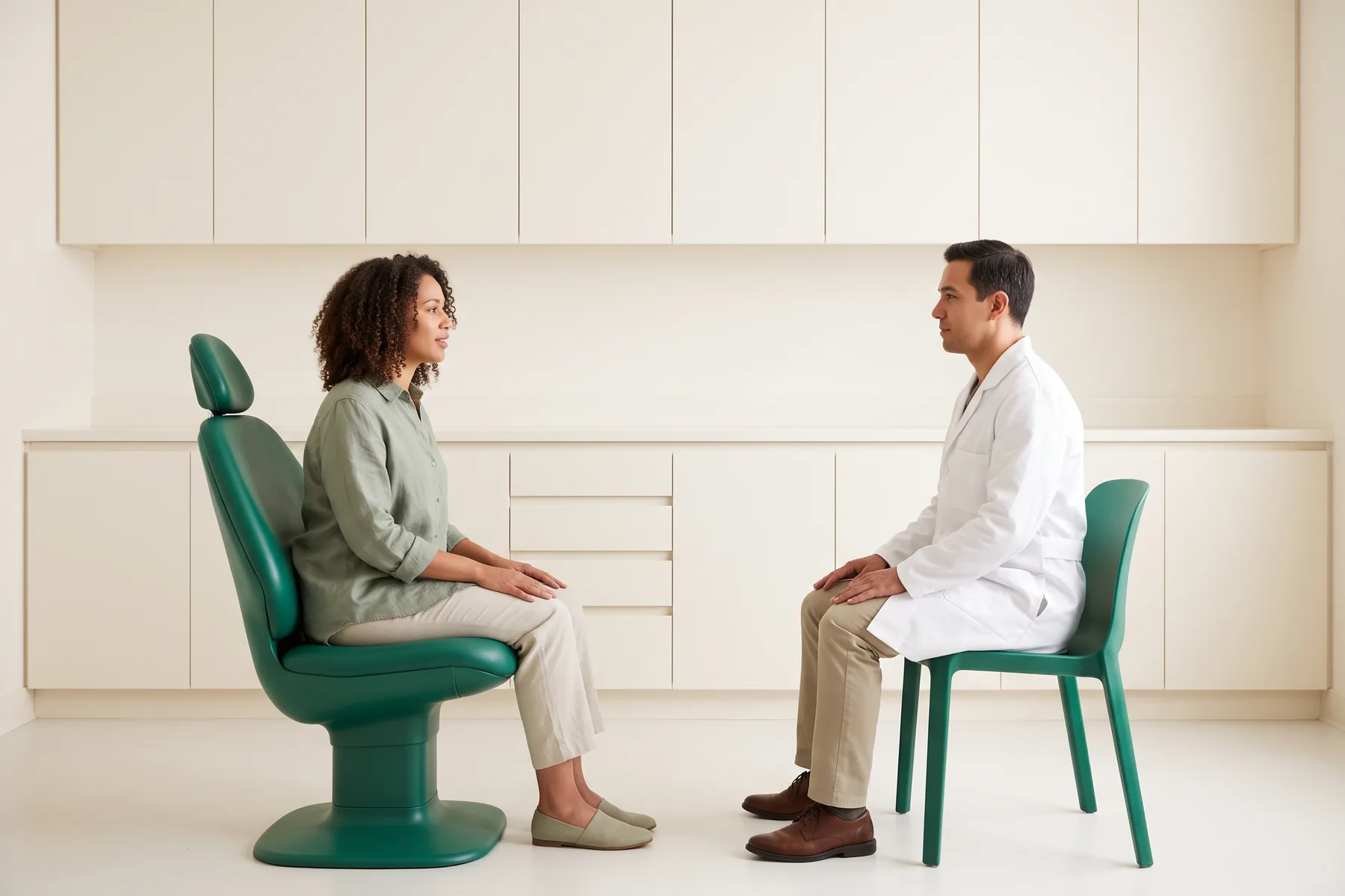 Illustrative dental conversation with a dark-curly-haired woman in a sage shirt and a short-haired man in a white coat seated opposite each other.