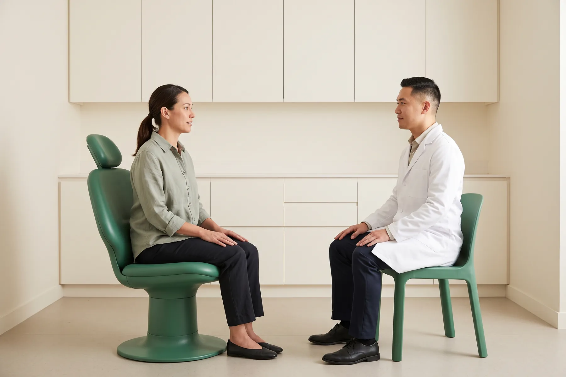 Illustrative dental conversation with a dark-ponytailed woman in a sage shirt and a short-haired man in a white coat seated opposite each other.
