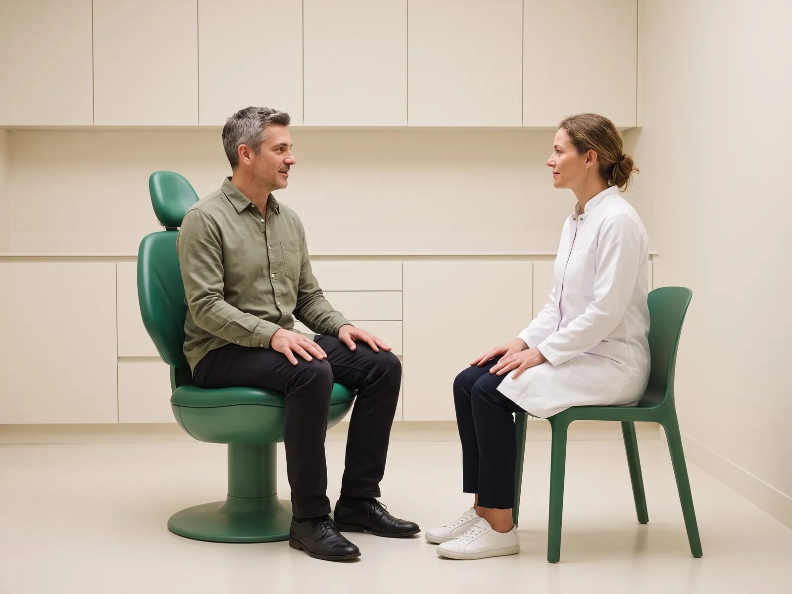 Illustrative dental conversation with a salt-and-pepper-haired man in an olive shirt and a brown-haired woman in a white coat seated opposite each other.