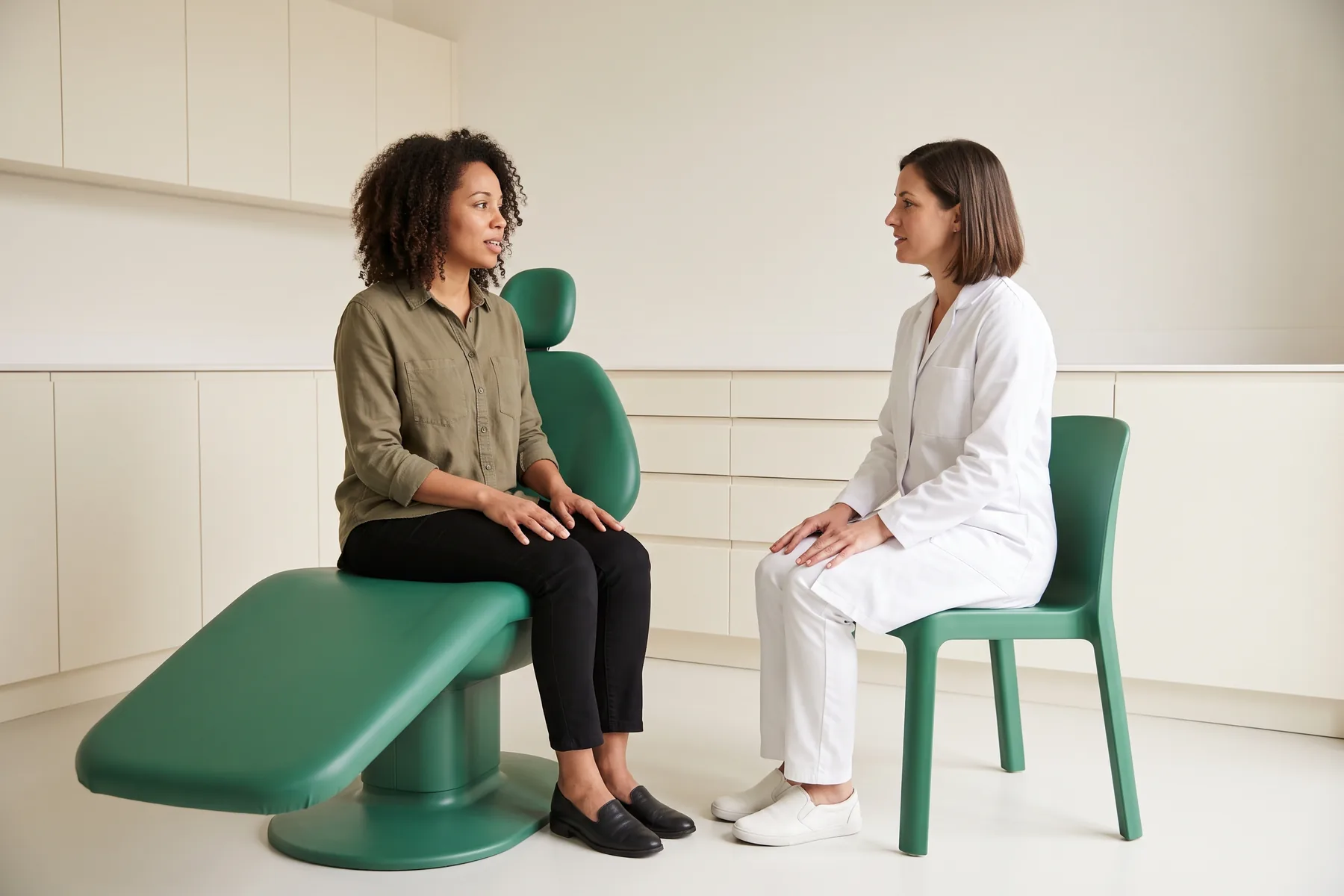 Illustrative dental conversation with a curly-haired woman in an olive shirt and a woman with a brown bob in a white coat seated opposite each other.