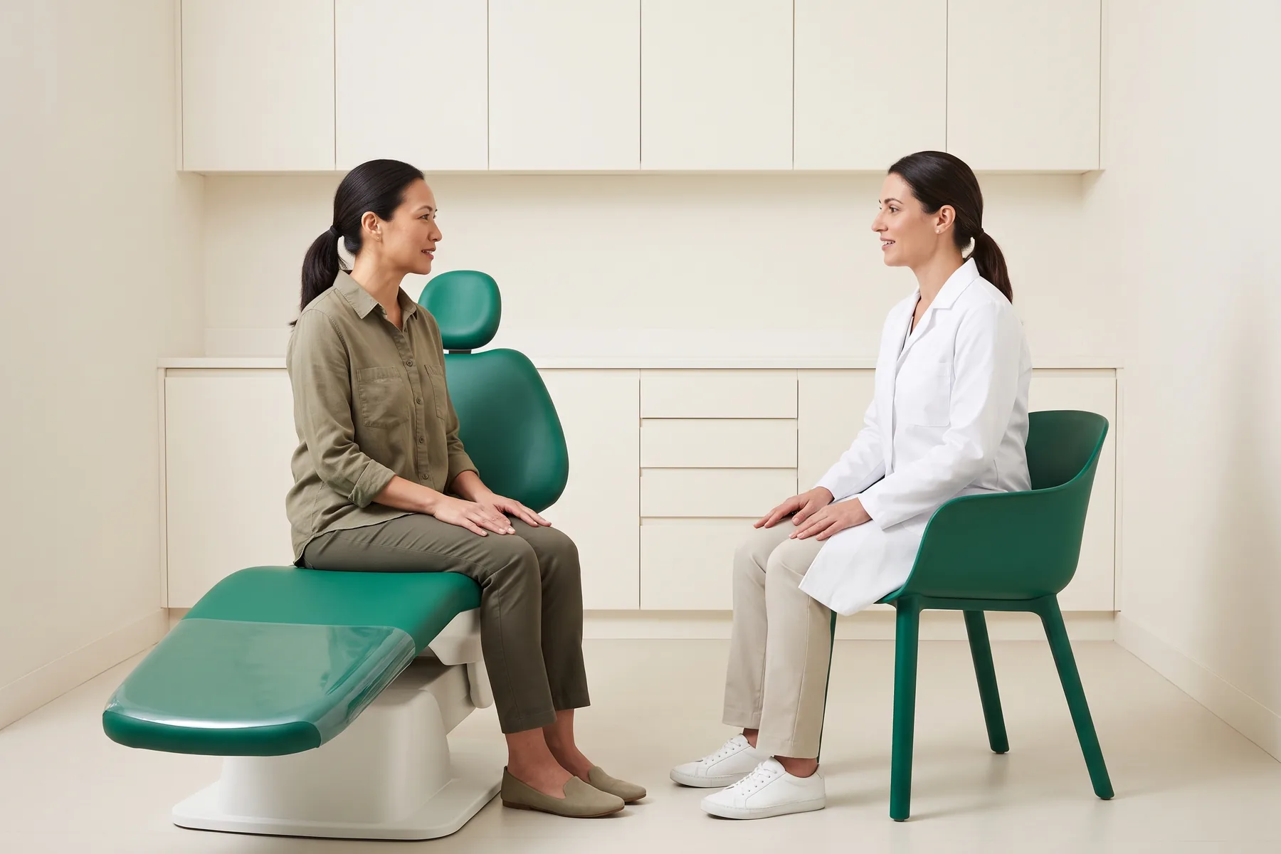 Illustrative dental conversation with a dark-ponytailed woman in an olive shirt and a dark-ponytailed woman in a white coat seated opposite each other.