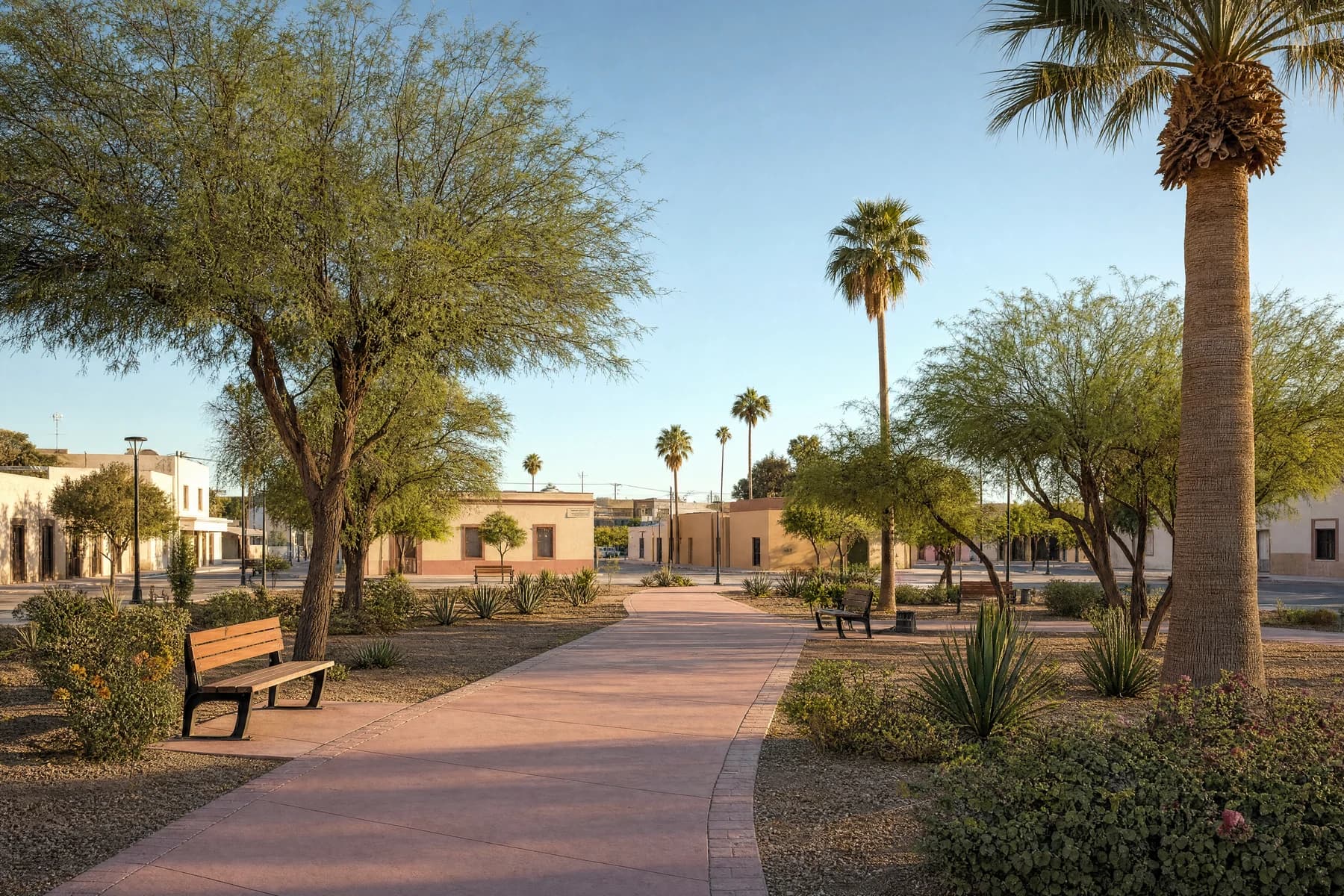 AI-generated illustration of a sunlit park with palms, desert planting and a terracotta path.
