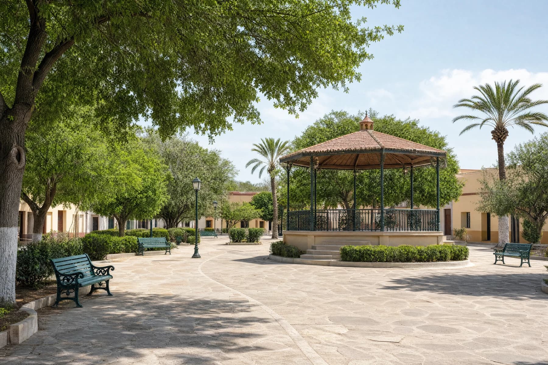 AI-generated illustration of a shaded town plaza with a tiled-roof gazebo and green benches.