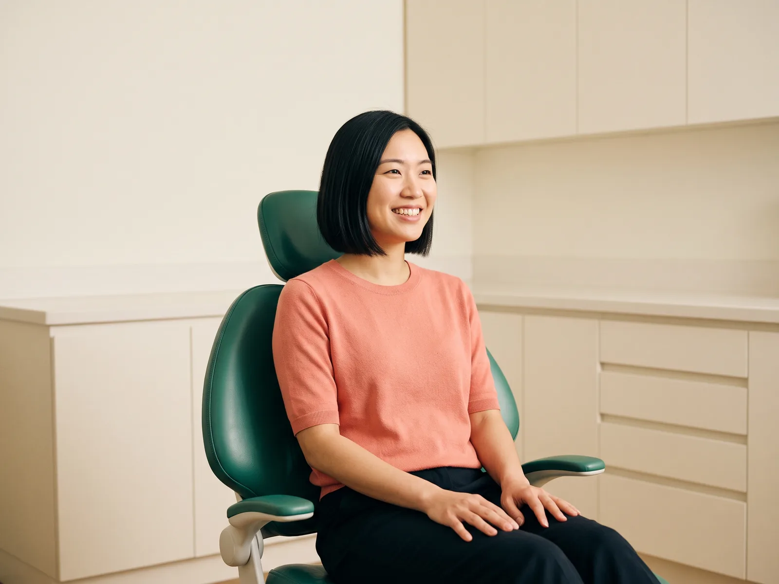 Smiling woman with a black bob and coral top seated in a green dental chair