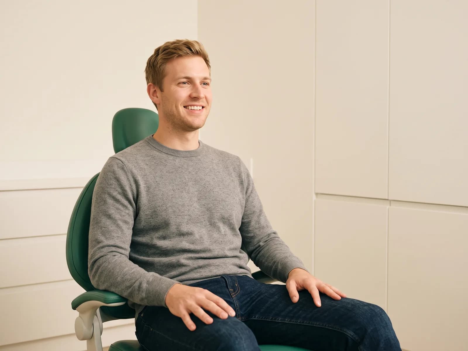 Smiling man with sandy blond hair and a gray sweater seated in a green dental chair
