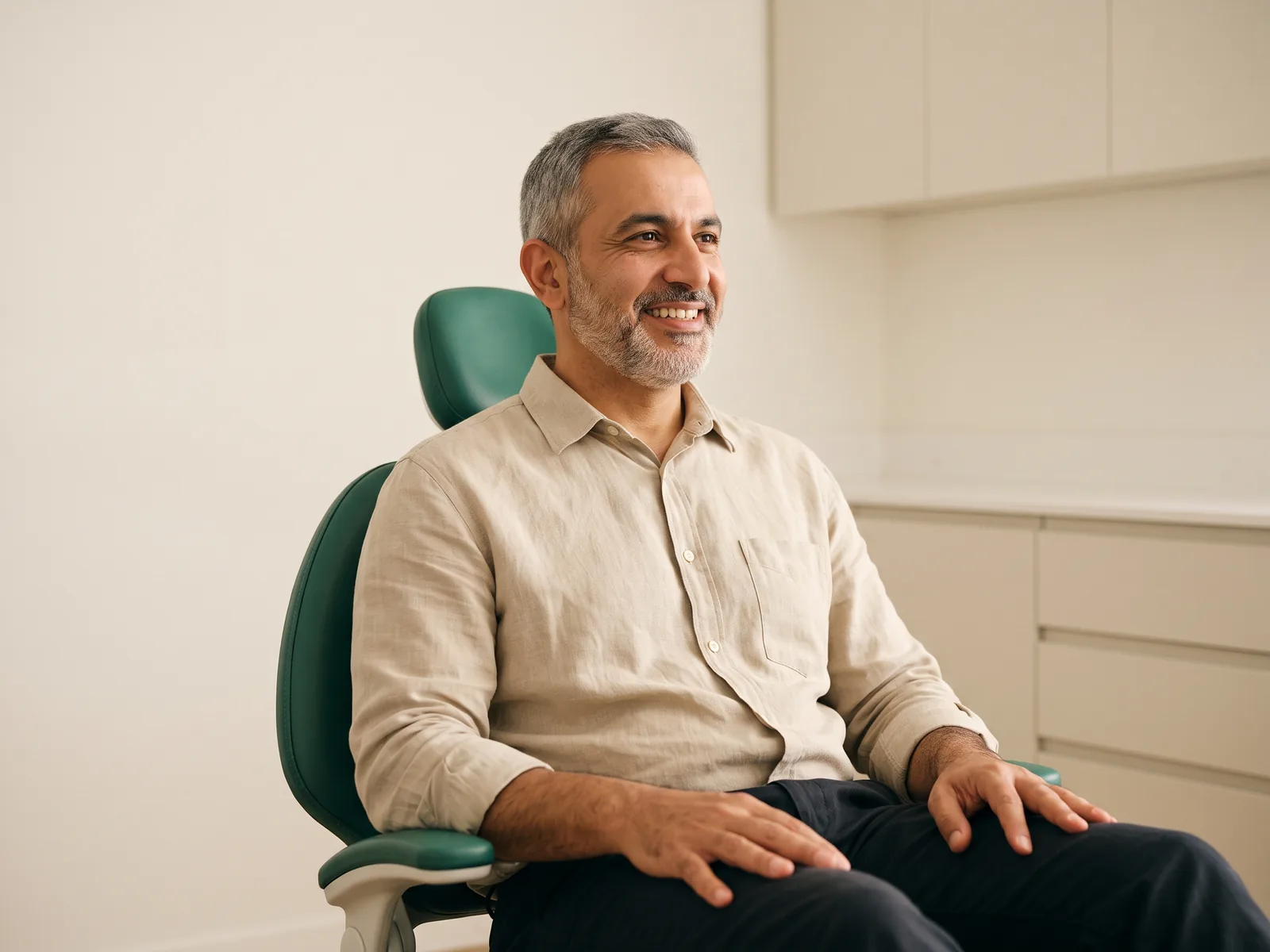Smiling man with gray hair and a short beard seated in a green dental chair, wearing a beige shirt