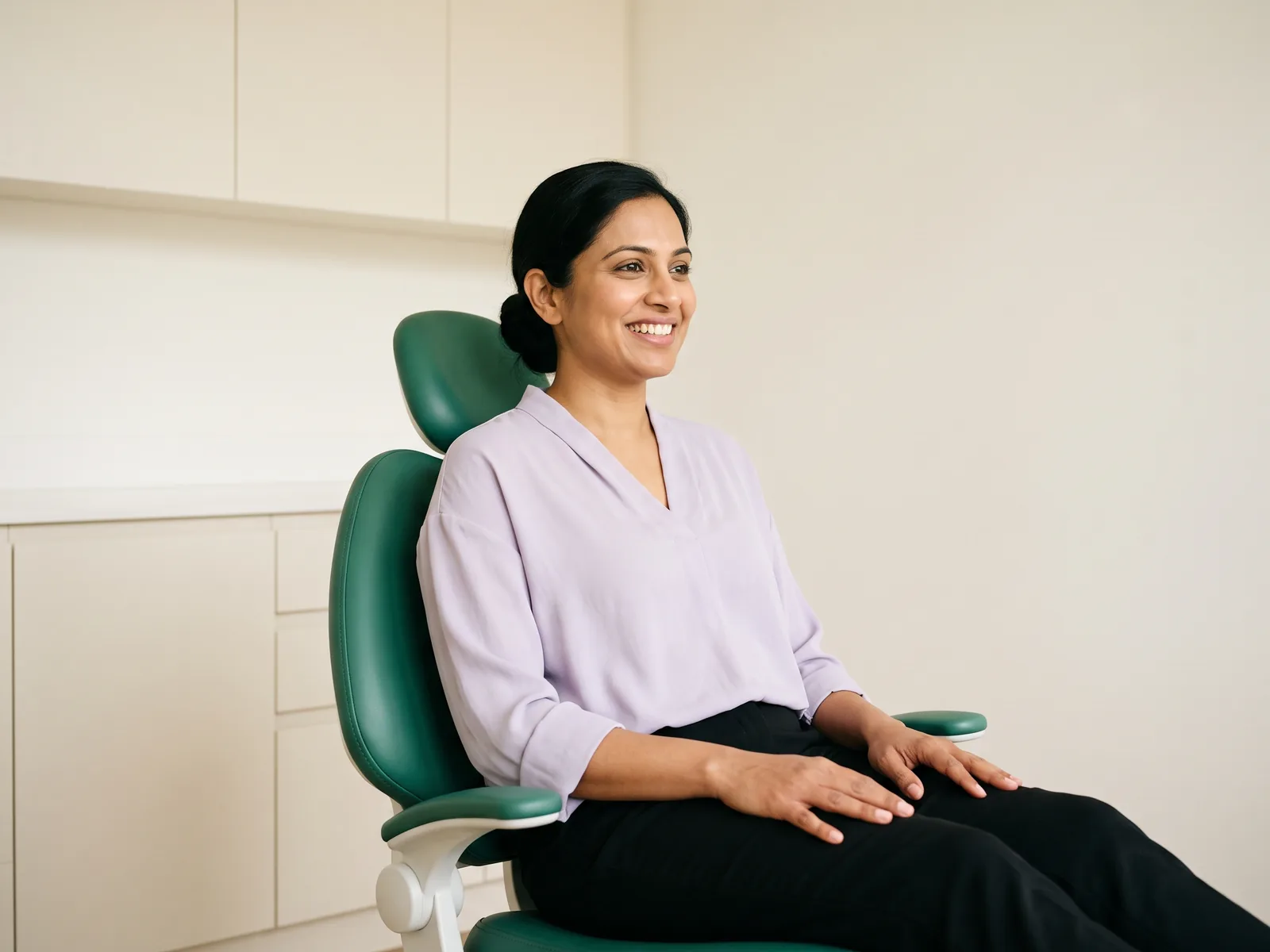 Smiling woman with her hair in a bun and a lavender blouse seated in a green dental chair