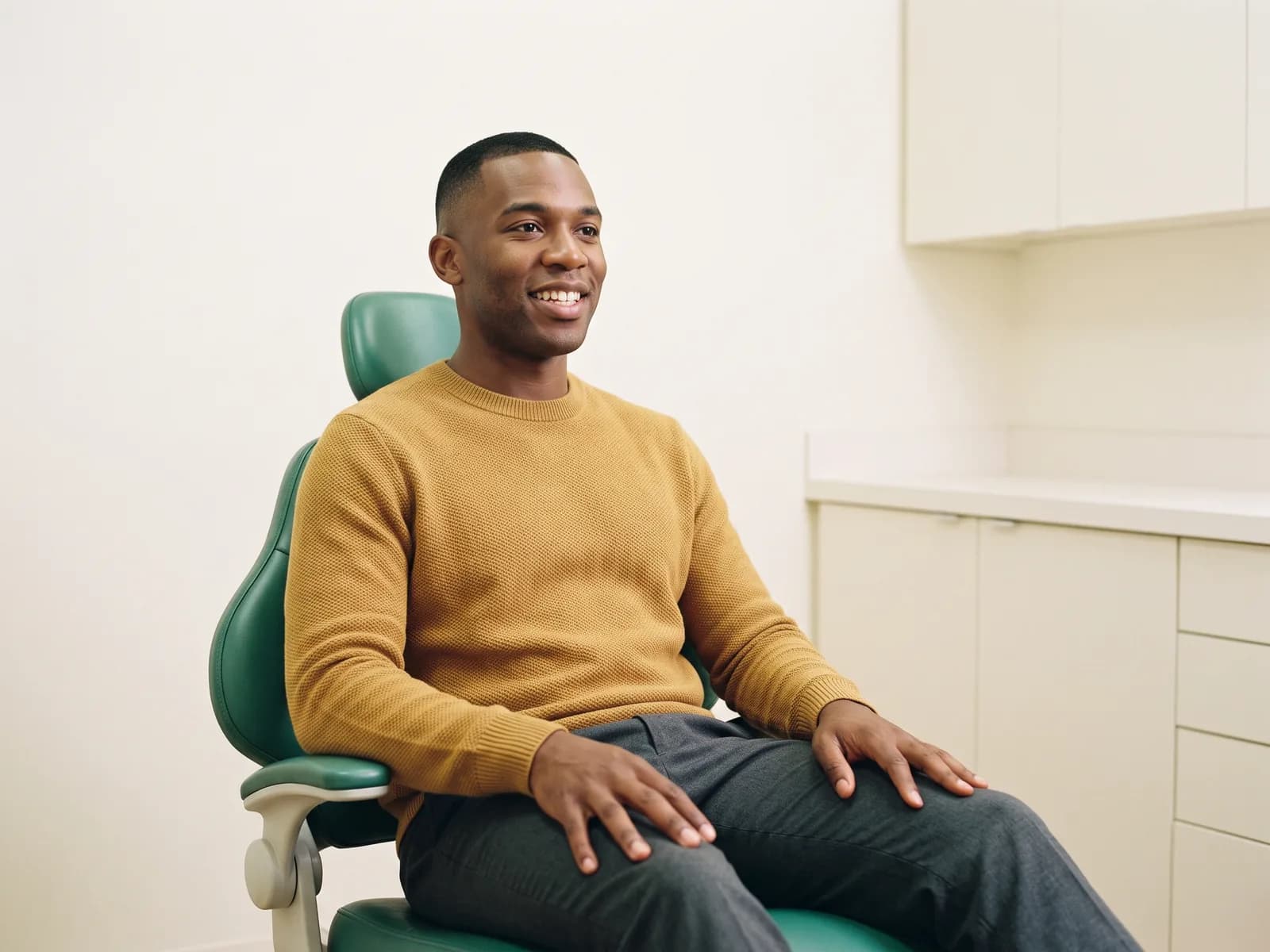 Man in a mustard sweater and gray trousers smiling in a green dental chair.
