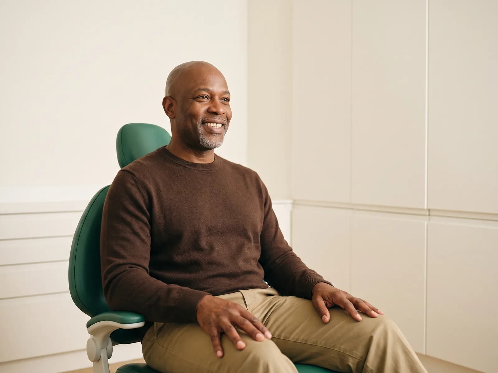 Man with a shaved head and a gray goatee smiling in a green dental chair, wearing a brown sweater.