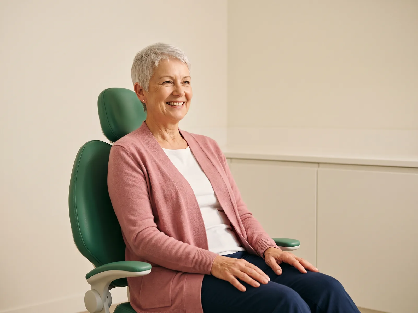 Woman with short silver hair and a pink cardigan smiling in a green dental chair.