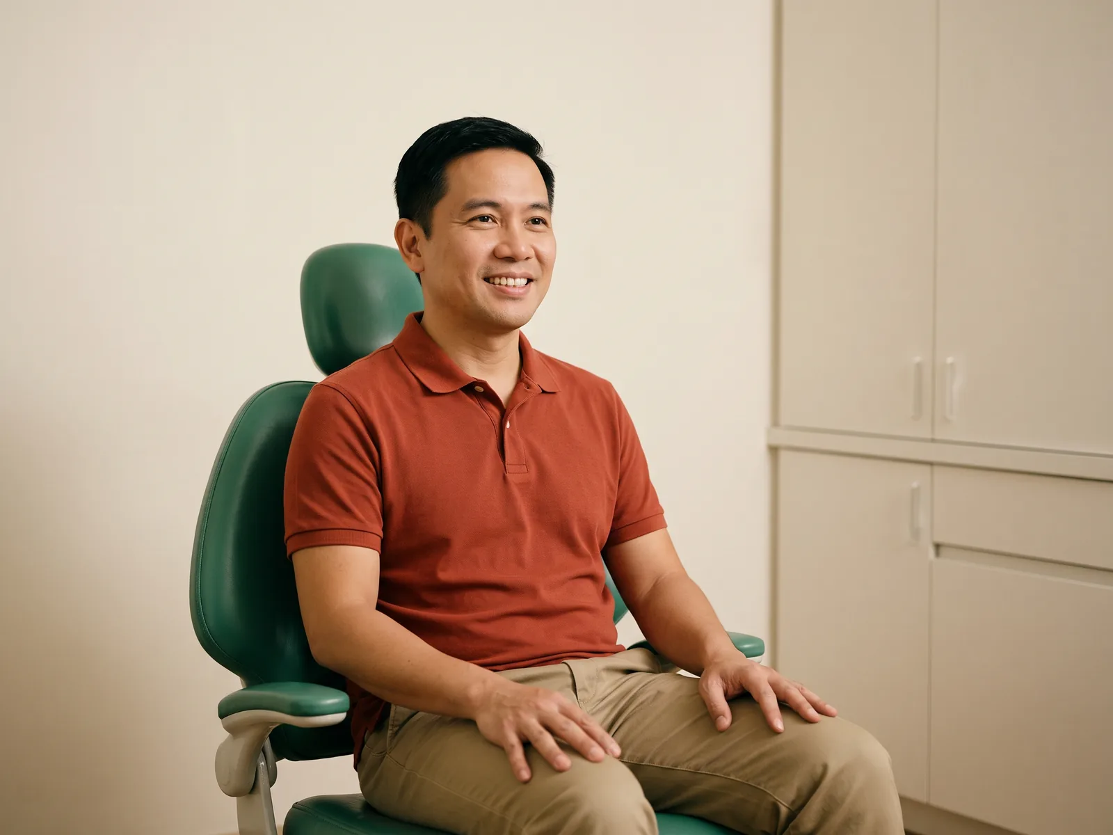 Man in a rust polo shirt and tan trousers seated upright in a green dental chair.