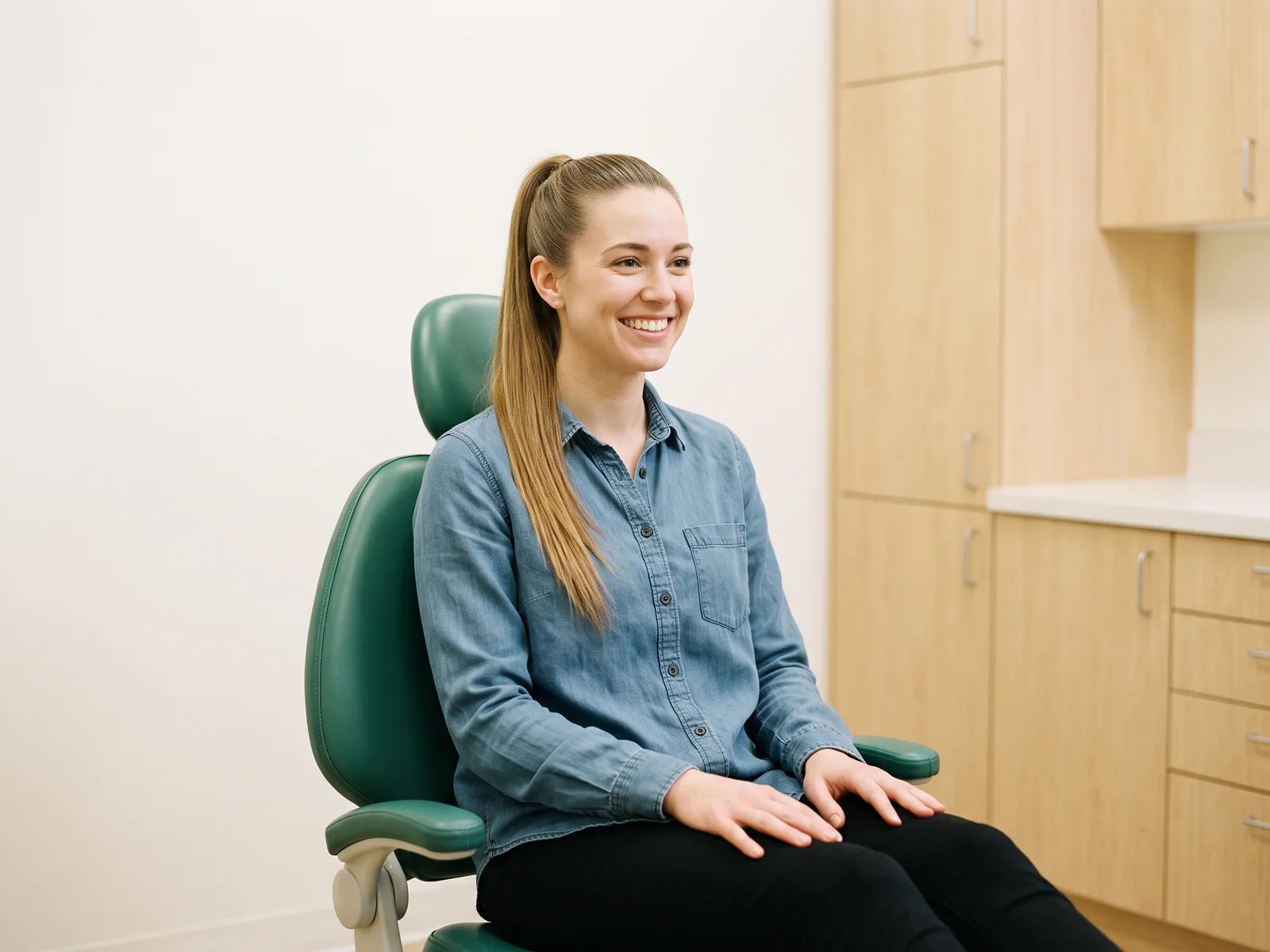 Woman with a long ponytail and a blue denim shirt smiling in a green dental chair.
