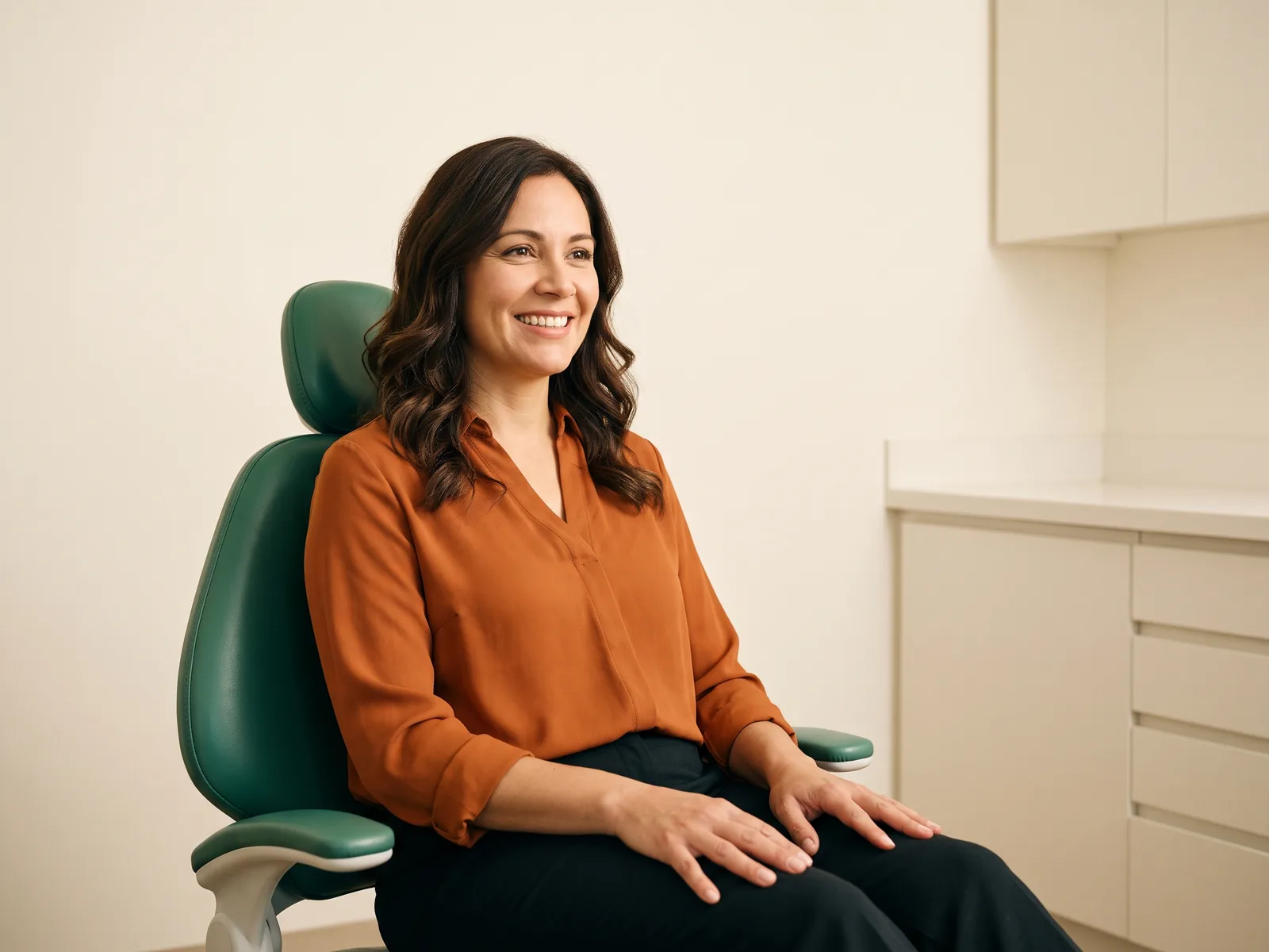 Woman with wavy brown hair and an orange blouse seated in a green dental chair.