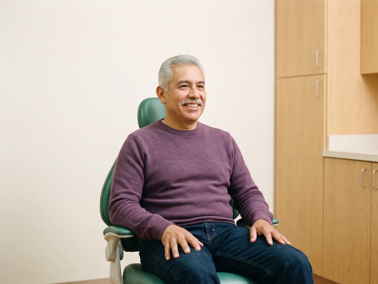 Man with a gray mustache and a purple sweater smiling in a green dental chair.