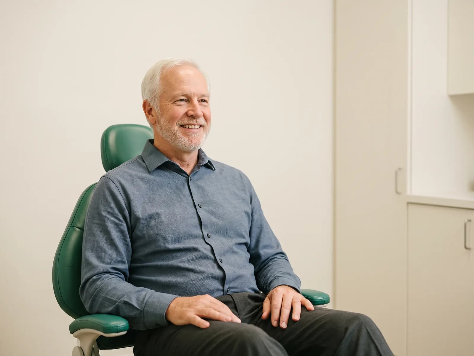 Man with white hair and a white beard seated in a green dental chair, wearing a blue shirt.