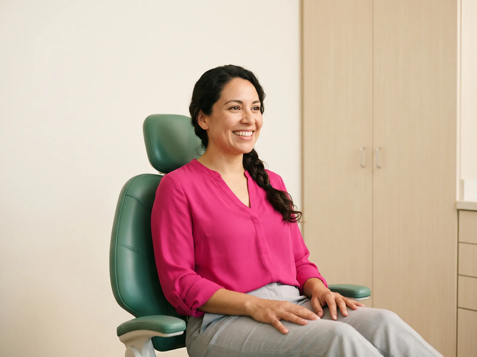 Woman with a long dark braid and a fuchsia blouse smiling in a green dental chair.
