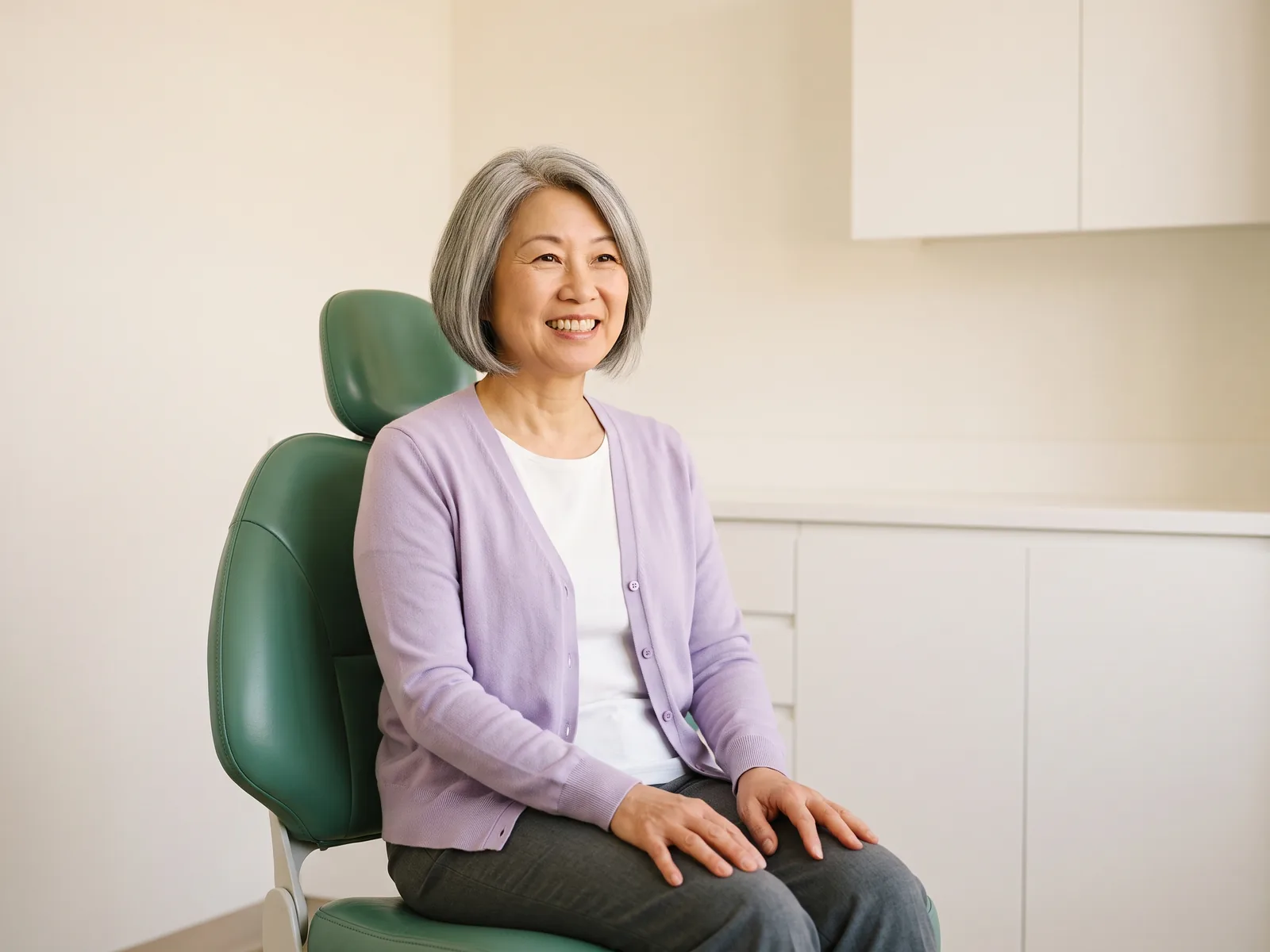 Woman with a gray bob and a lavender cardigan smiling in a green dental chair.