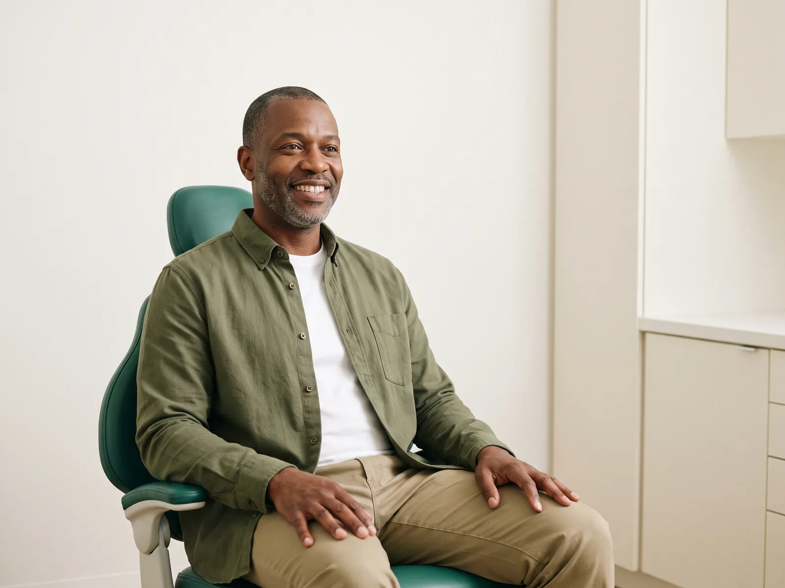 Man with a gray-flecked beard and an olive shirt smiling in a green dental chair.