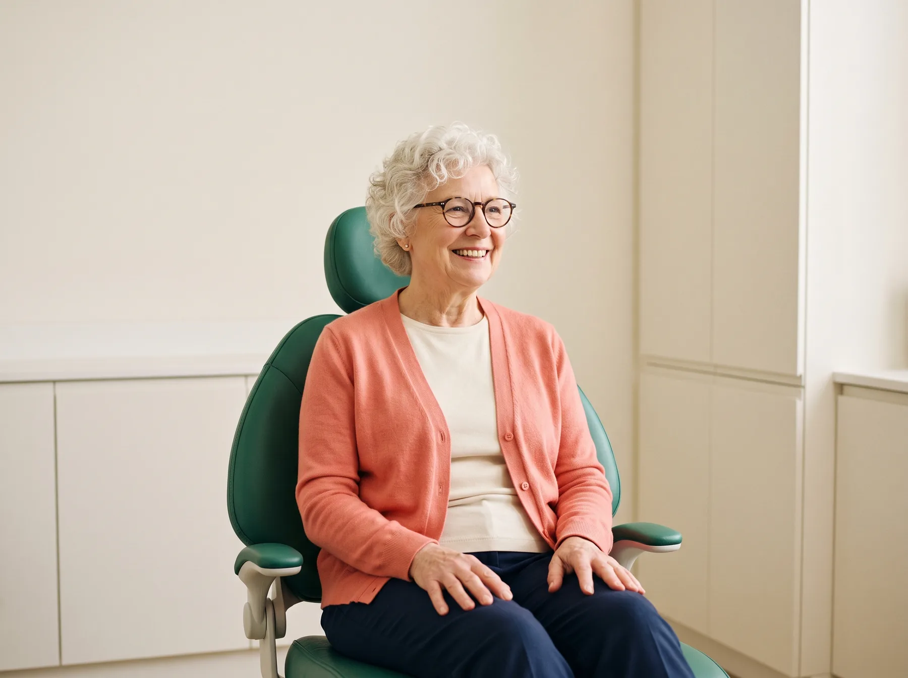 Woman with curly white hair, round glasses and a coral cardigan smiling in a green dental chair.