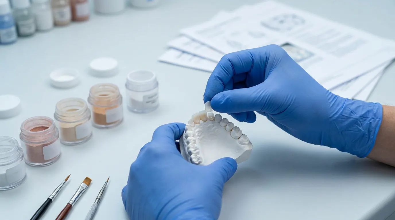 Illustrative dental lab documentation and hand-layered feldspathic porcelain system concept.