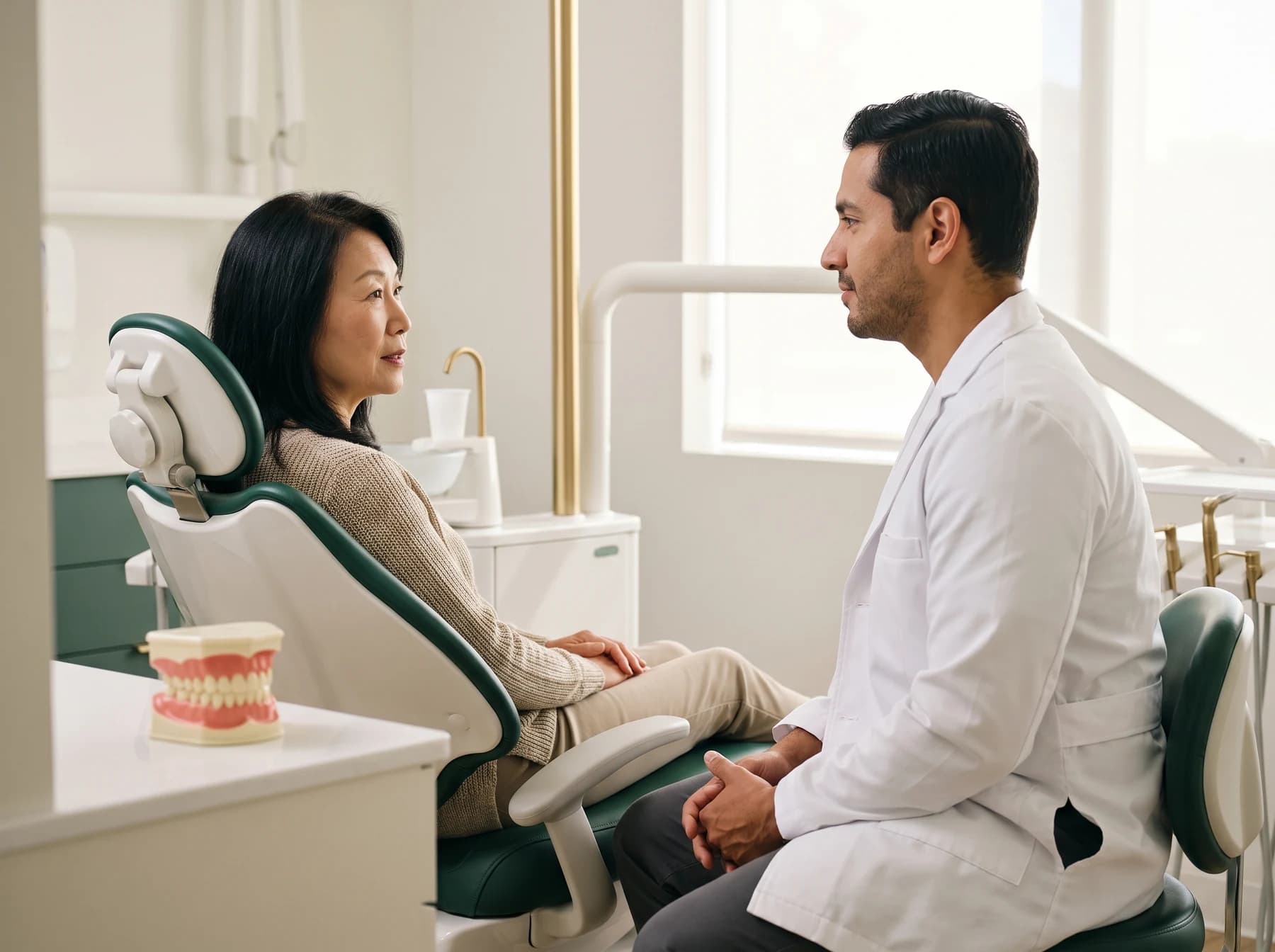 Adult in a dental chair discussing a case-specific full-arch review with a dentist.