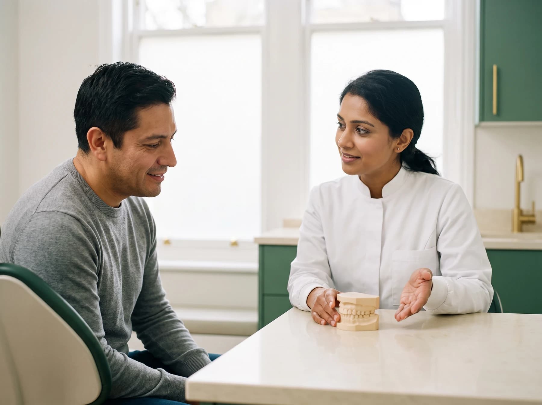 Adult and dentist reviewing an unbranded full-arch dental teaching model.