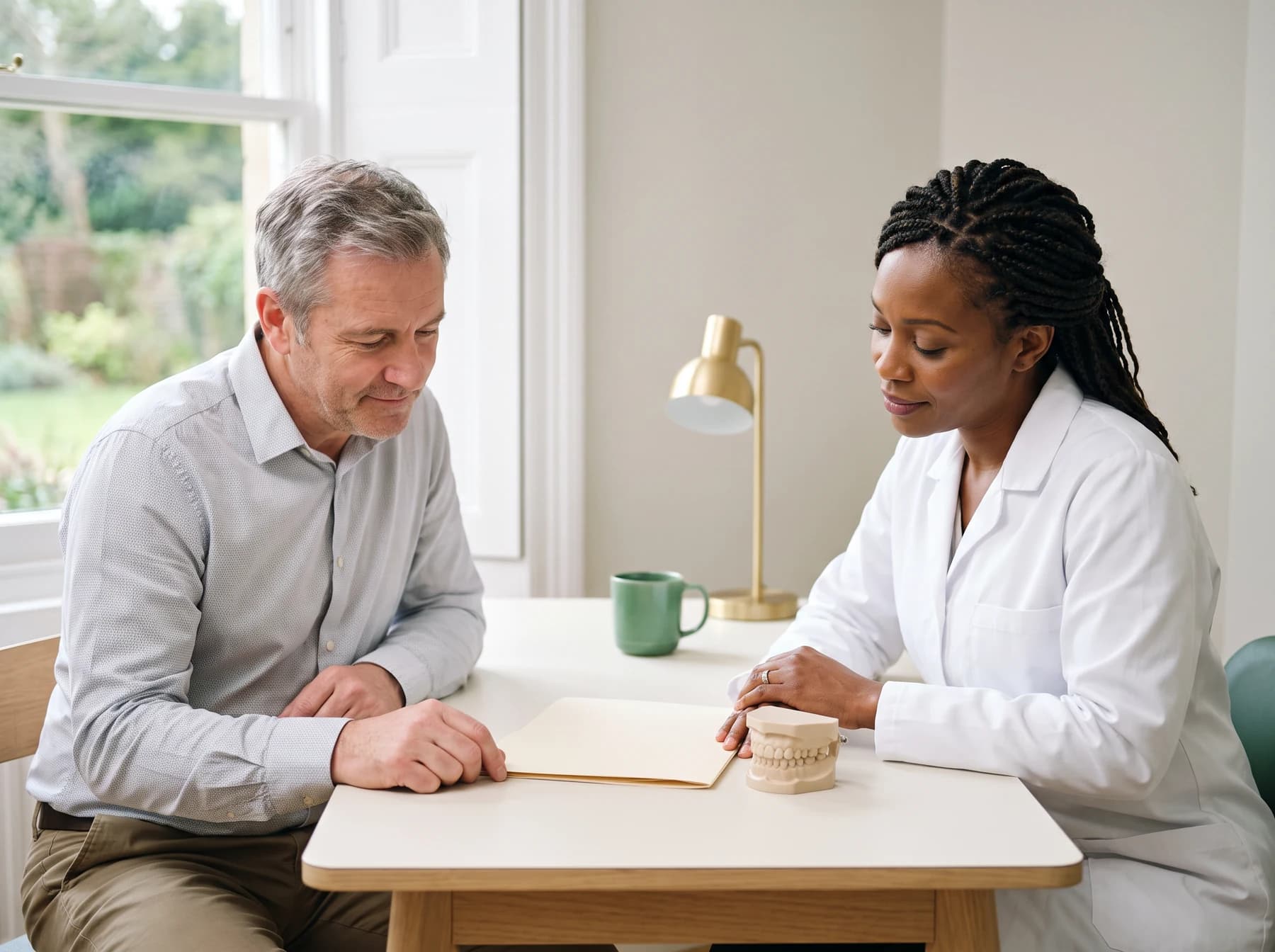 Dentist and adult reviewing a blank record folder beside a full-arch dental teaching model.