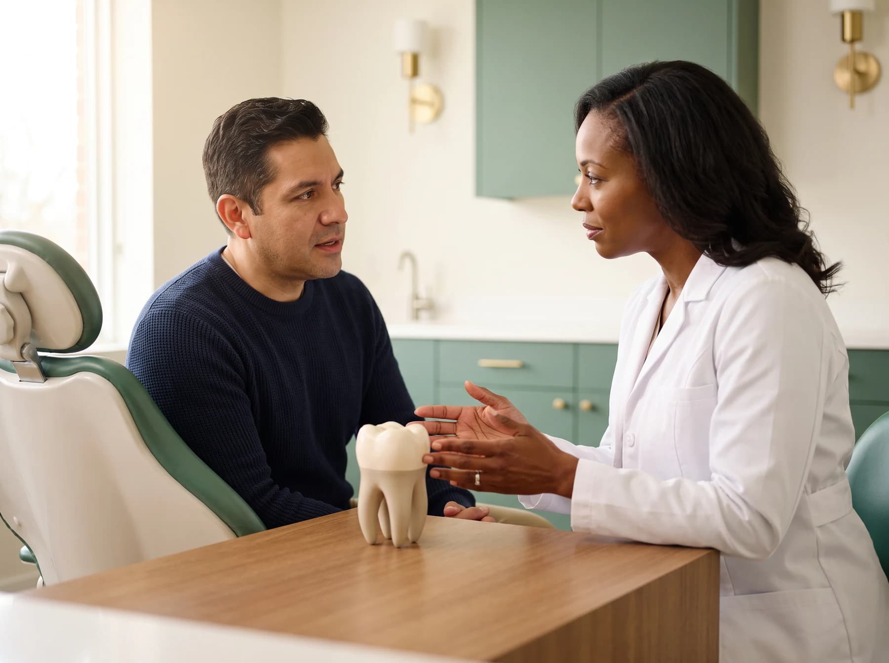 Illustrative dental consultation about an implant plan before travel