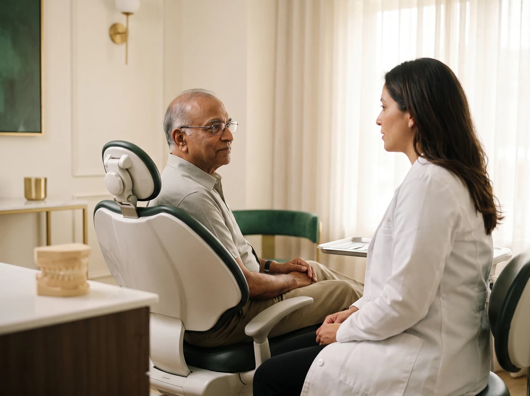 Older adult in a dental chair discussing a case-specific full-mouth restoration review with a dentist.
