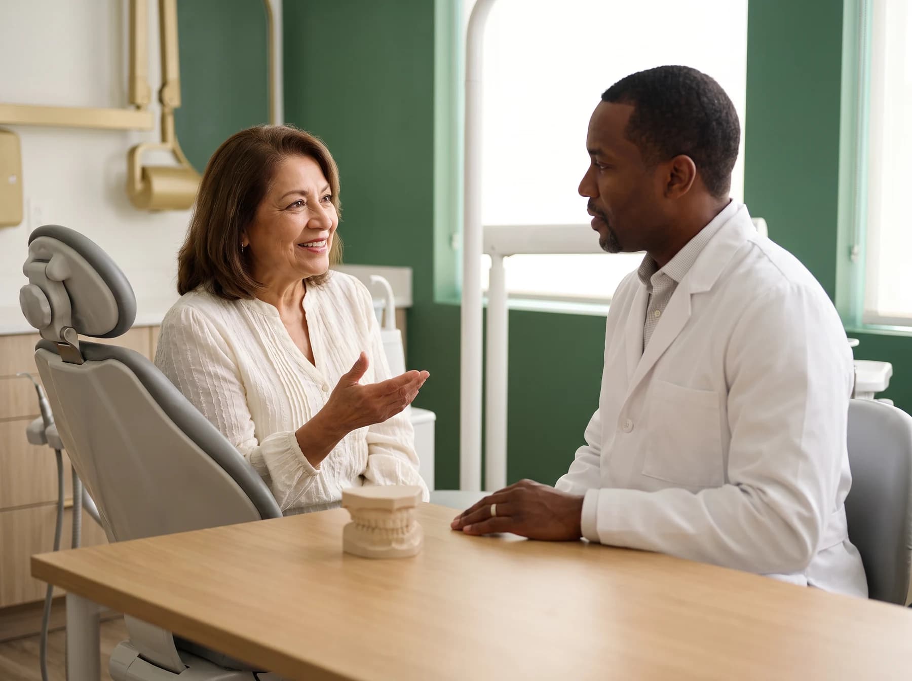 Older adult discussing final full-mouth restoration planning with a dentist beside a dental teaching model.