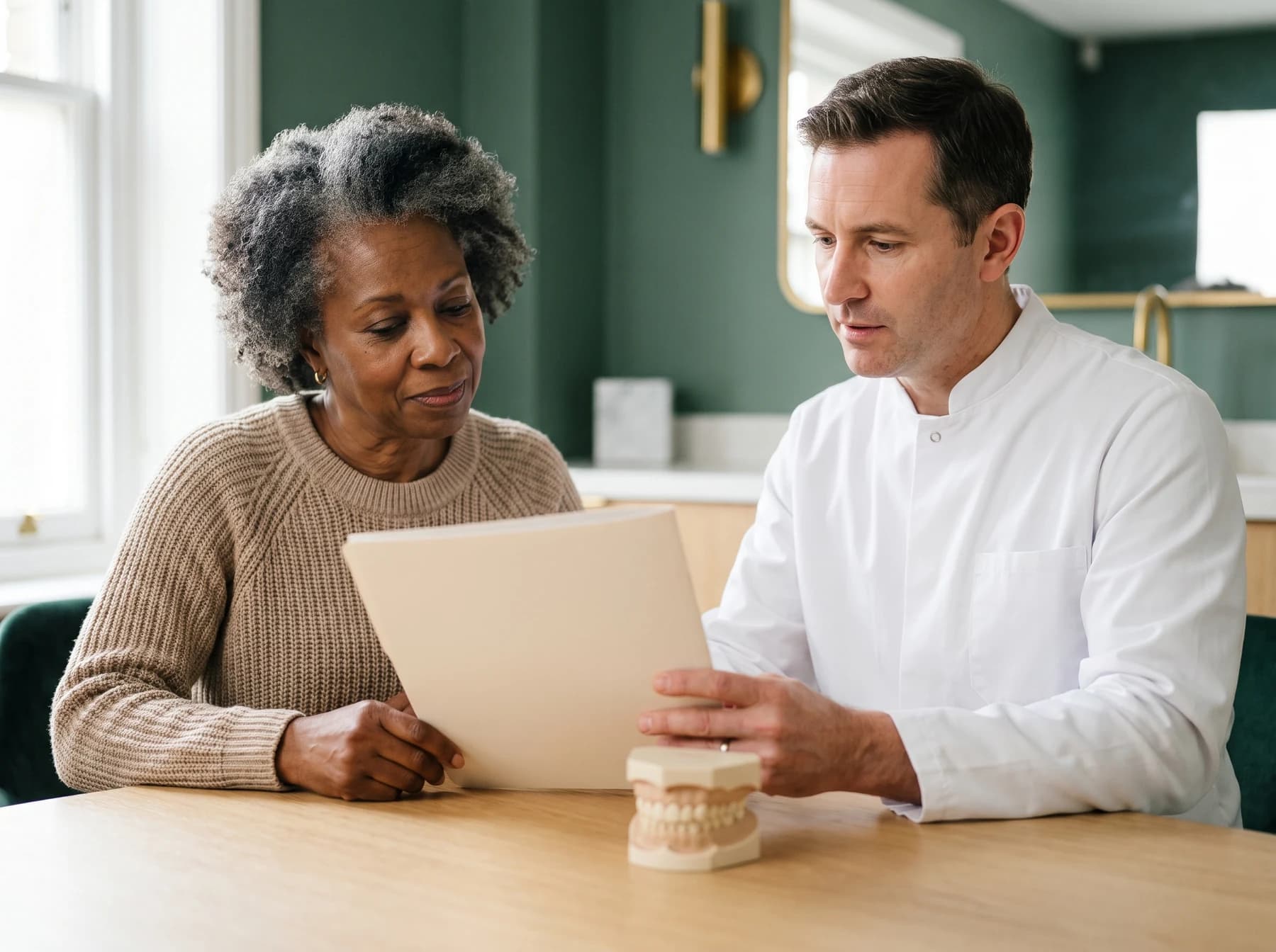 Dentist and adult reviewing a blank record folder beside a full-arch dental teaching model.
