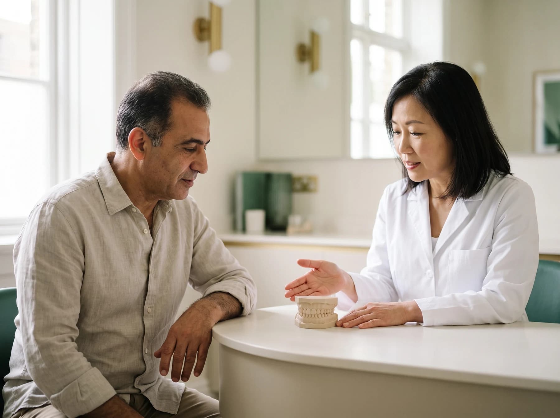Adult and dentist reviewing an unbranded full-arch dental teaching model.