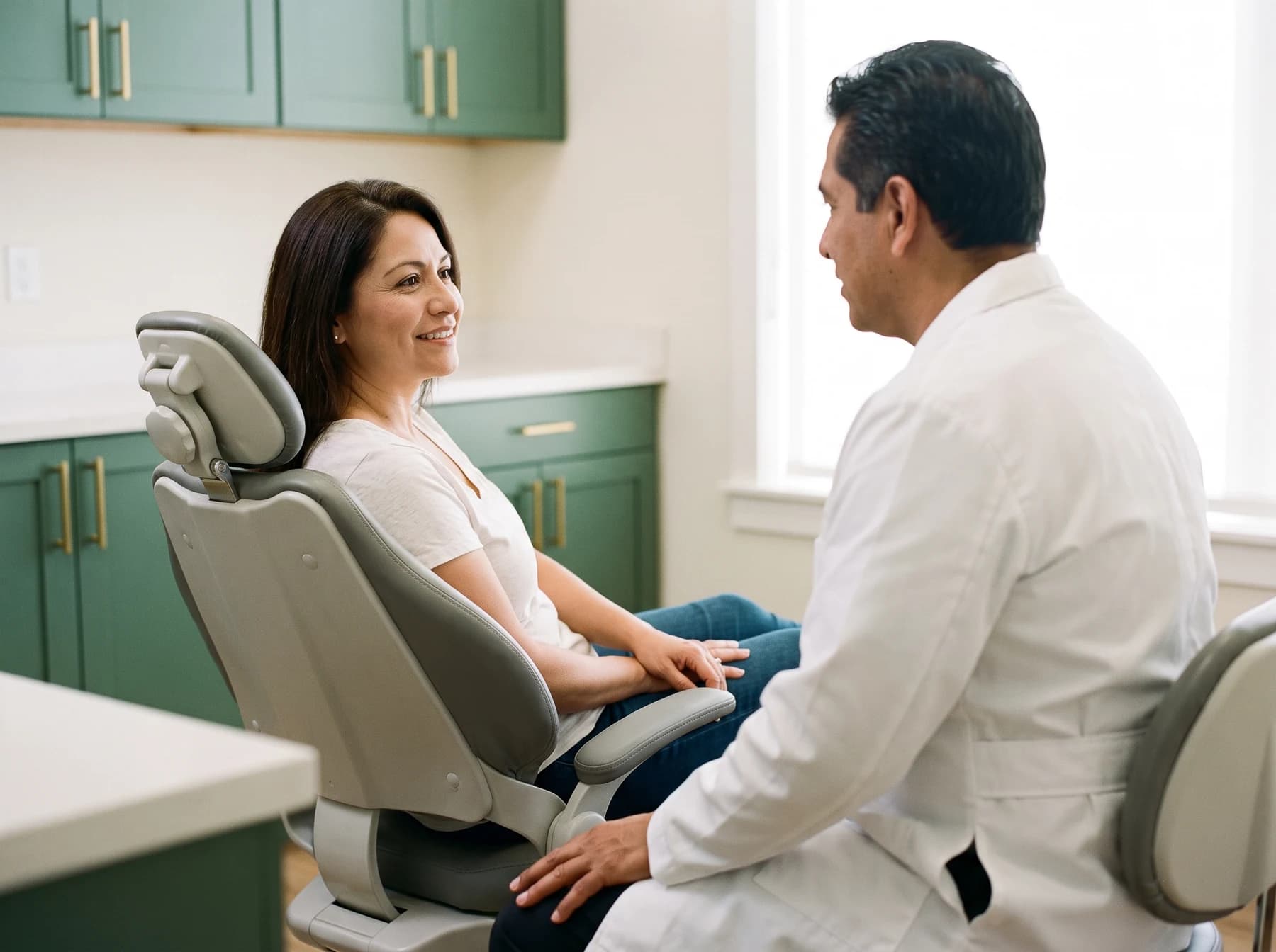 Woman in a light top smiling from a dental chair at a seated dentist.