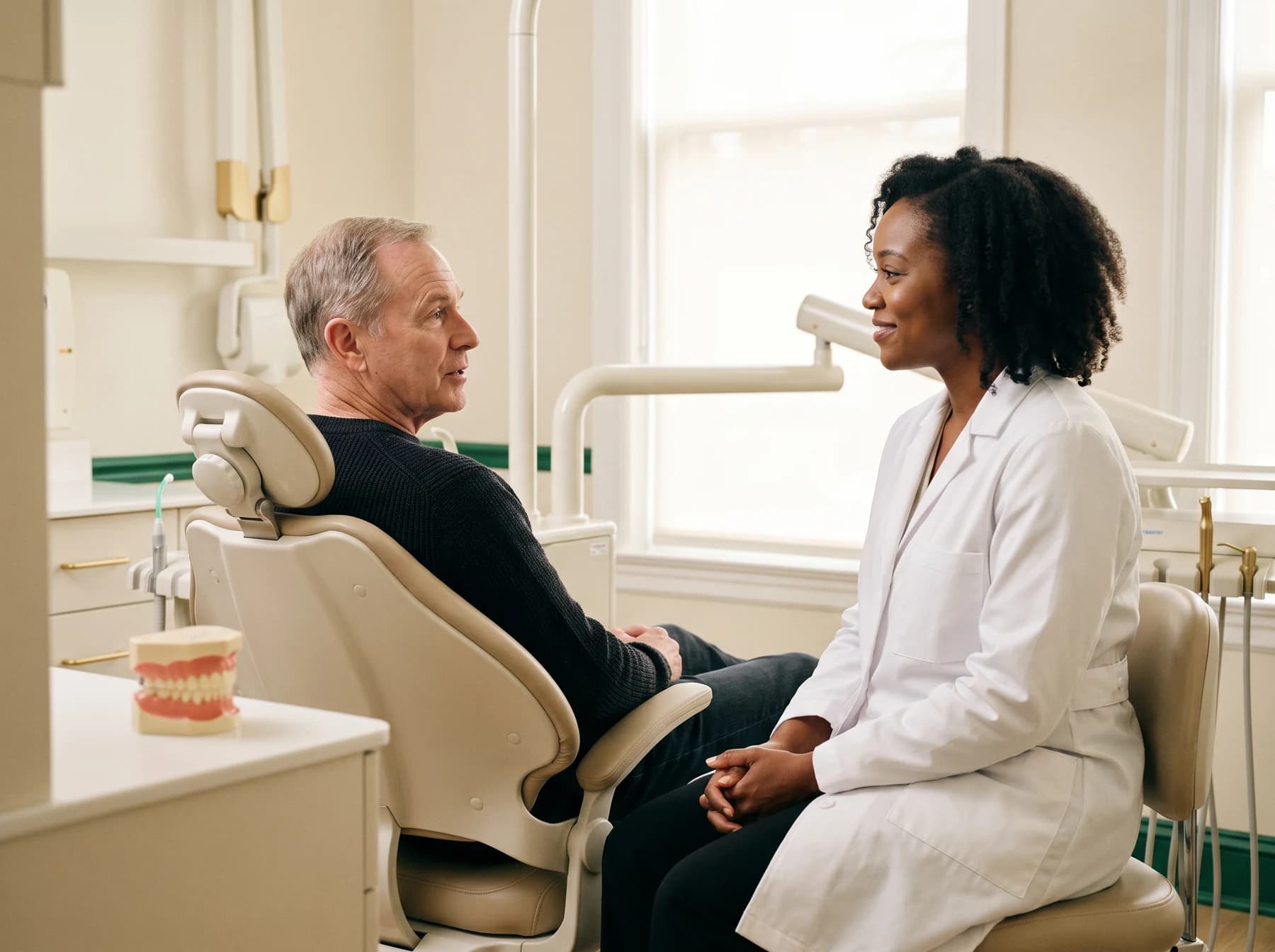 Gray-haired man in a black sweater speaking with a dentist beside his dental chair.