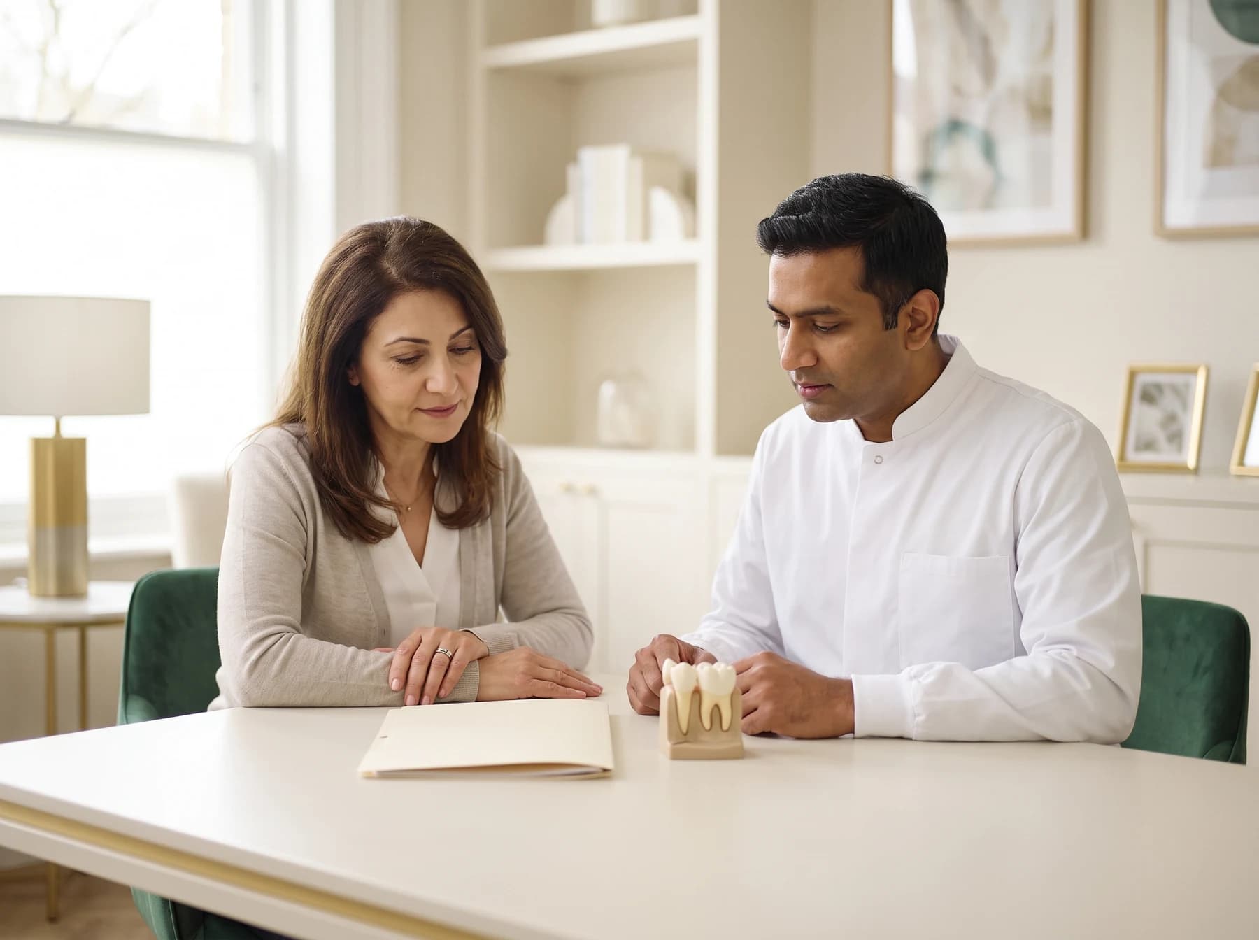 Woman and dentist looking at a folder beside a cutaway tooth model.