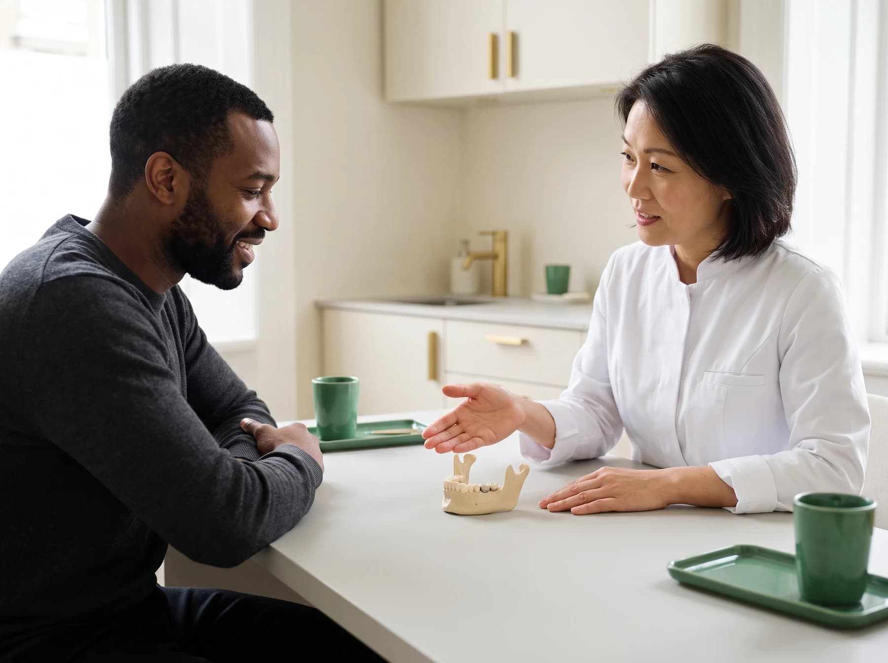 Dentist gesturing toward a jaw model while a man in a dark sweater watches.